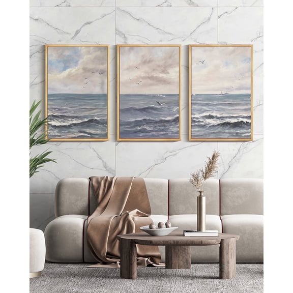 Drsoum Vintage Sea Landscape 24x36in Brown Framed Wall Art Ocean Retro Classic Farmhouse Paints Rustic