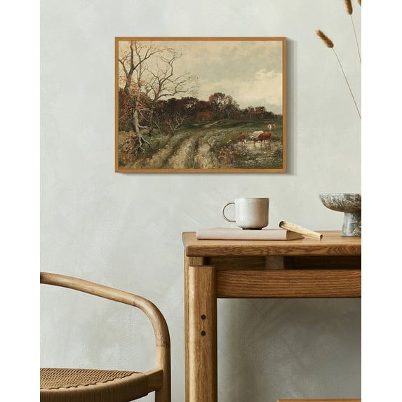 Drsoum Vintage Village Landscape Wall Art 11x14in Natural Framed Rustic Retro Countryside Scenery Prints Farmhouse Classic Decorations for Living Room Home Office