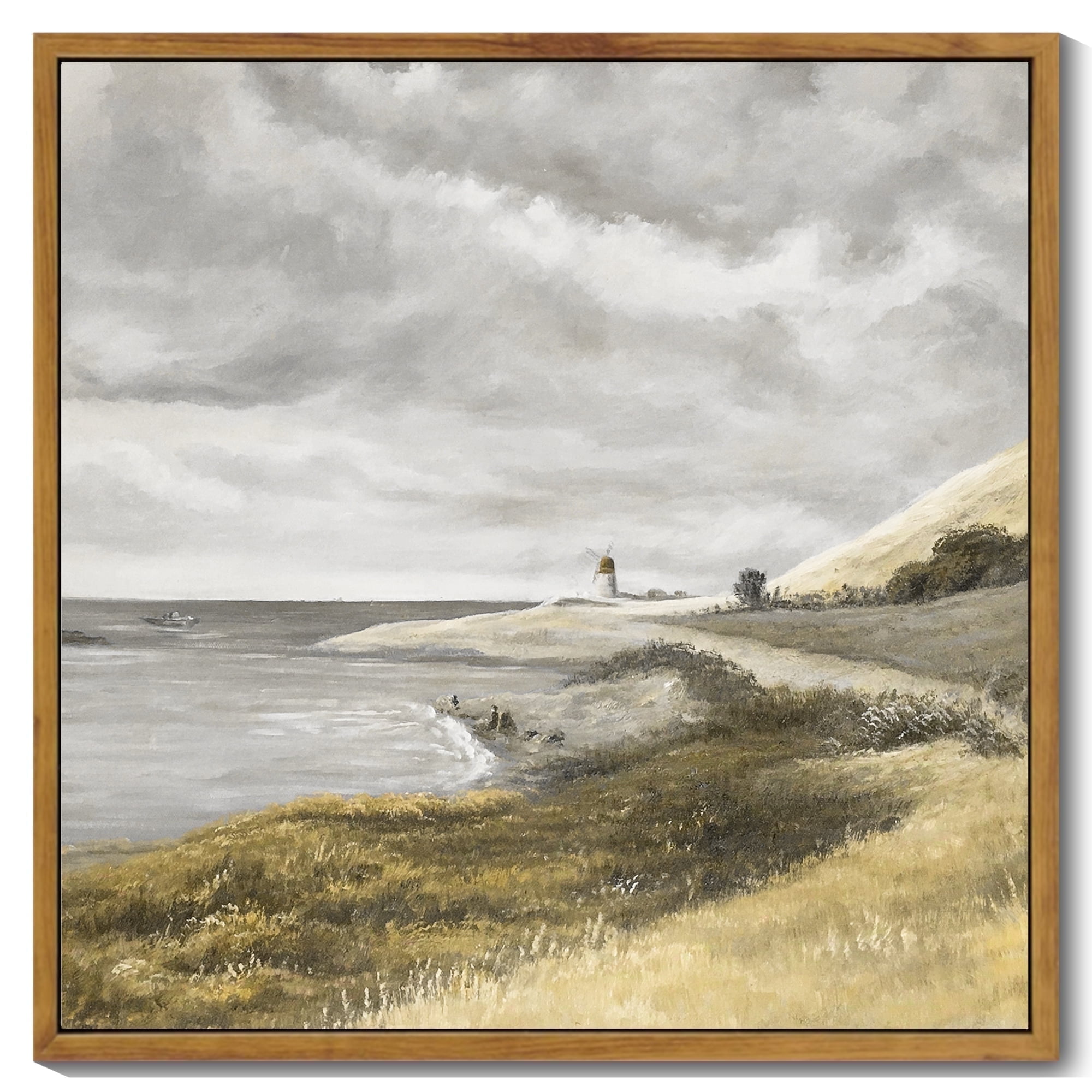 Drsoum Vintage Wall Art 16x16in Natural Framed Coastal Seascape Landscape Painting Retro Meadow Scenery Farmhouse Kitchen Living Room Decor