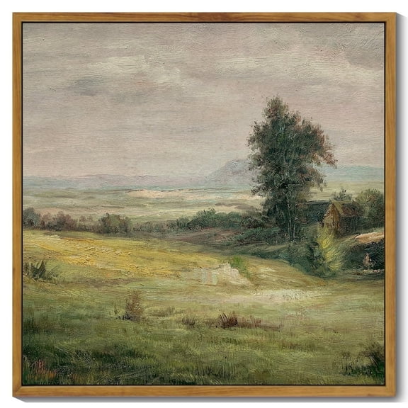 Drsoum Vintage Wall Art 16x16in Natural Framed The Vast Grassland Wilderness Landscape Painting Retro Meadow Scenery Farmhouse Kitchen Living Room Decor
