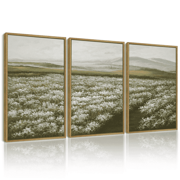 Drsoum Vintage Wall Art 16x24in3pcs Natural Framed Rustic Meadow Sea of Wildflower Field Landscape Painting Retro Floral Scenery Farmhouse Kitchen Decor