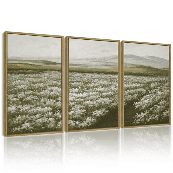 Drsoum Vintage Wall Art 16x24in3pcs Natural Framed Rustic Meadow Sea of Wildflower Field Landscape Painting Retro Floral Scenery Farmhouse Kitchen Decor