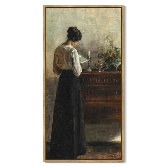 Drsoum Vintage Wall Art Classic Moody Elegant Woman Stands Reading a Book Victorian Wall Prints Kitchen Bathroom Office Decor 8x16in Natural Framed