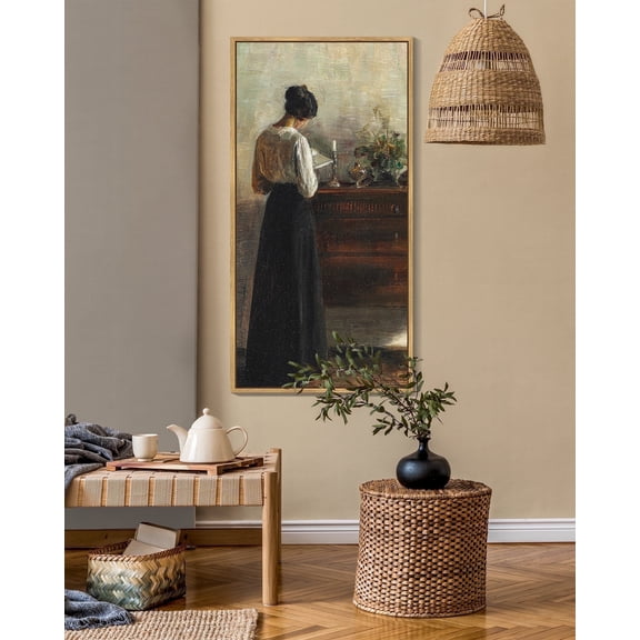 Drsoum Large 20x40in Natural Framed Vintage Wall Art Classic Moody Elegant Woman Stands Reading a Book Victorian Wall Prints Living room Bedroom Office Decor