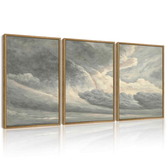 Drsoum Vintage Wall Art Clouds in the Sky Landscape Painting Retro Cloudy Scenery Farmhouse Bedroom Above of Bed Living Room Decor 12x16in3pcs Brown Framed