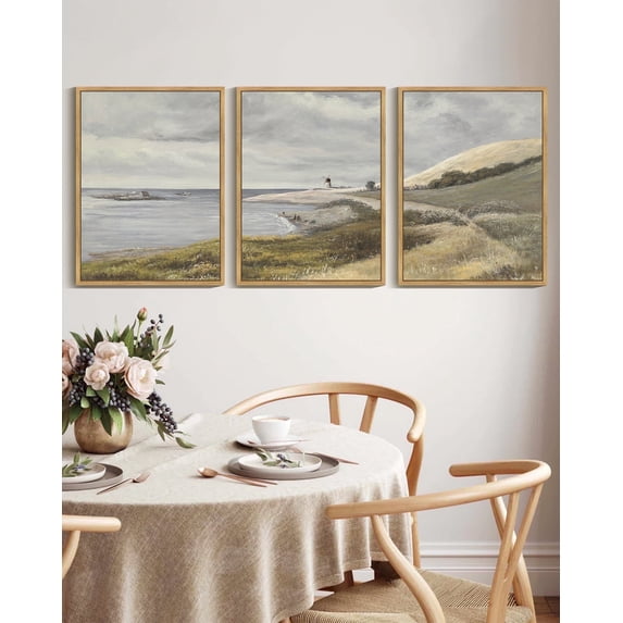 Drsoum Vintage Wall Art Coastal Seascape Landscape Painting Retro Meadow Scenery Farmhouse Kitchen Living Room Decor 11x14in3pcs Natural Framed