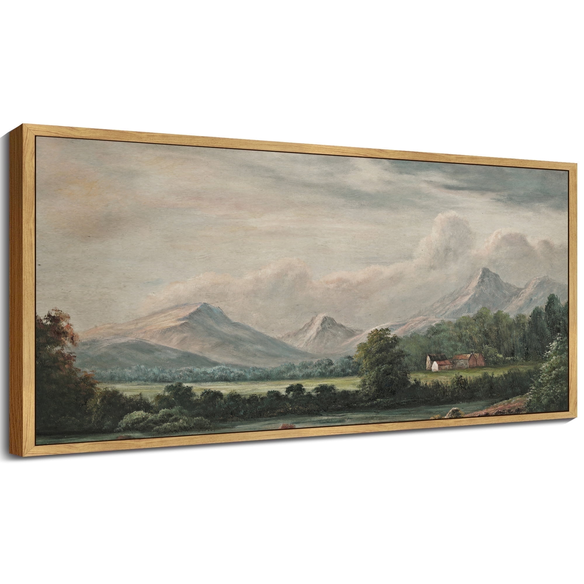 Drsoum Vintage Wall Art Country Village Landscape Painting Retro Mountain Meadow Scenery Farmhouse Kitchen Living Room Decor 8x16in Natural Framed