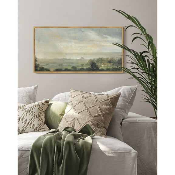 Drsoum Vintage Wall Art Countryside Landscape Painting Retro Meadow Classical Scenery Farmhouse Kitchen Living Room Decor 8x16in Natural Framed