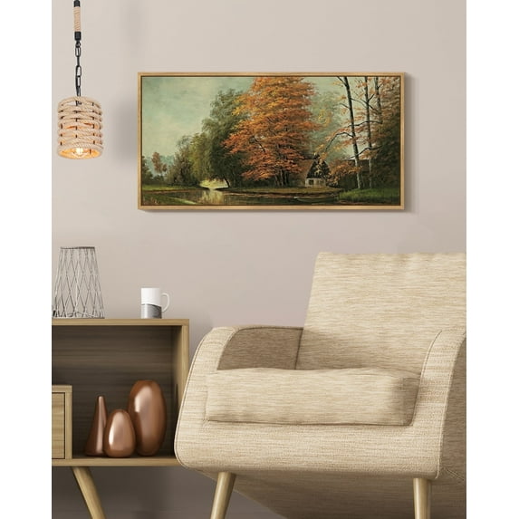 Drsoum Vintage Wall Art Countryside River Landscape Painting Retro Fall Scenery Farmhouse Kitchen Living Room Decor 8x16in Natural Framed