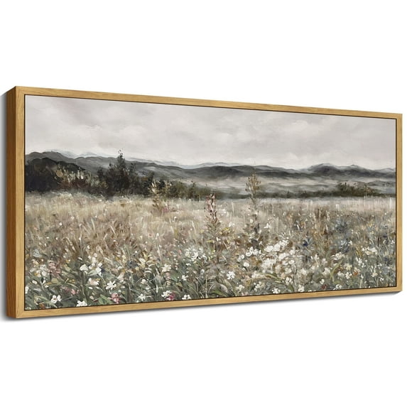Drsoum Vintage Wall Art Meadow with Flowers Landscape Painting Retro Scenery Farmhouse Bedroom Living Room Decor 8x16in Natural Framed