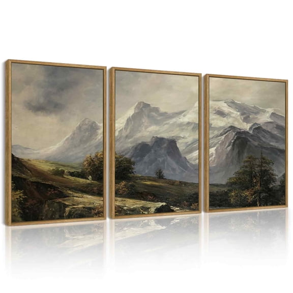 Drsoum Vintage Wall Art Mountain Landscape Painting Retro Meadow Scenery Farmhouse Kitchen Living Room Decor 11x14in3pcs Brown Framed