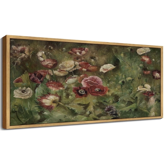 Drsoum Vintage Wall Art Poppies Flower Landscape Painting Retro Red Floral Scenery Farmhouse Kitchen Living Room Decor 8x16in Natural Framed