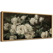 Drsoum Vintage Wall Art Rose Flower Landscape Painting Retro White Floral Scenery Farmhouse Kitchen Living Room Decor 8x16in Natural Framed