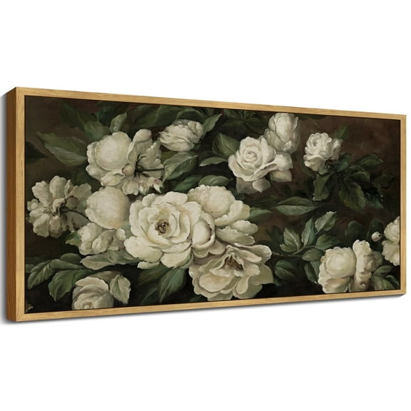 Drsoum Vintage Wall Art Rose Flower Landscape Painting Retro White Floral Scenery Farmhouse Kitchen Living Room Decor 8x16in Natural Framed