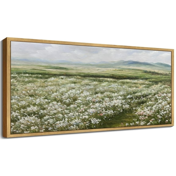 Drsoum Vintage Wall Art Rustic Meadow Sea of Wildflower Field Landscape Painting Retro Floral Scenery Farmhouse Kitchen Living Room Decor 8x16in Natural Framed
