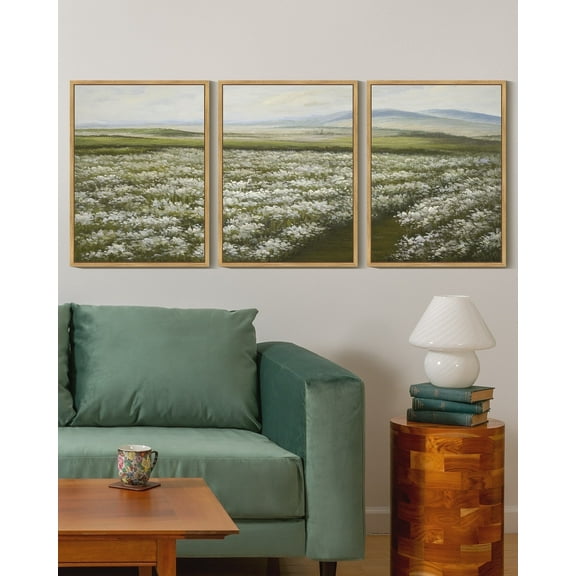 Drsoum Vintage Wall Art Rustic Meadow Sea of Wildflower Field Landscape Painting Retro Floral Scenery Farmhouse Kitchen Office Decor 11x14in3pcs Natural Framed