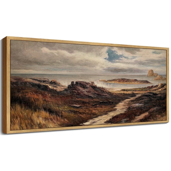 Drsoum Vintage Wall Art Seaside Path Wilderness Landscape Painting Retro Coastal Scenery Farmhouse Kitchen Living Room Decor 8x16in Natural Framed