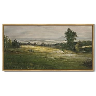 Drsoum Vintage Wall Art The Vast Grassland Wilderness Landscape Painting Retro Meadow Scenery Farmhouse Kitchen Living Room Decor 8x16in Natural Framed