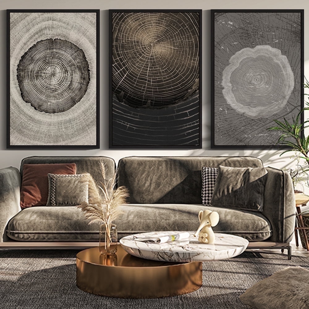 Drsoum Vintage Wood Tree Rings Wall Art 24x36in3pcs Black Framed Farmhouse Rustic Canvas Paintings Nature Artwork