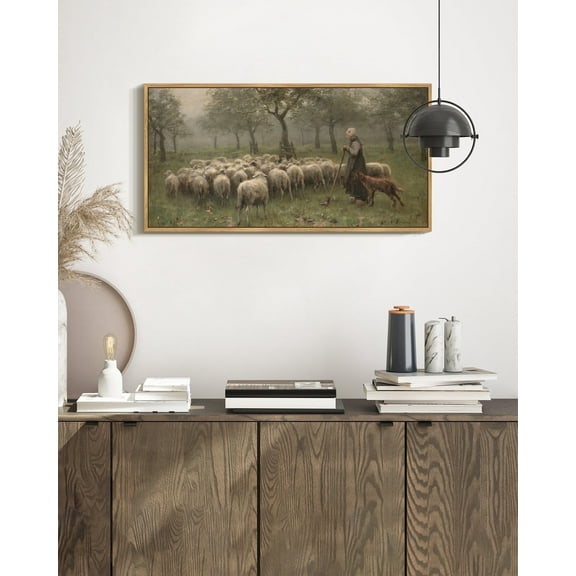 Drsoum Vintage Wall Art Vintage Classical Oil Painting Sheep Herds and Shepherds Room Decor for Bathroom Bedroom Living Room 8x16in Natural Framed