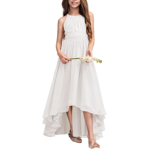 Drtj 2-14T A-Line Halter Asymmetrical Chiffon Junior Bridesmaid Dress Flower Girl Wedding Party Dress