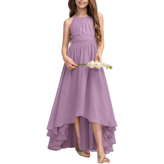 Drtj 2-14T A-Line Halter Asymmetrical Chiffon Junior Bridesmaid Dress Flower Girl Wedding Party Dress