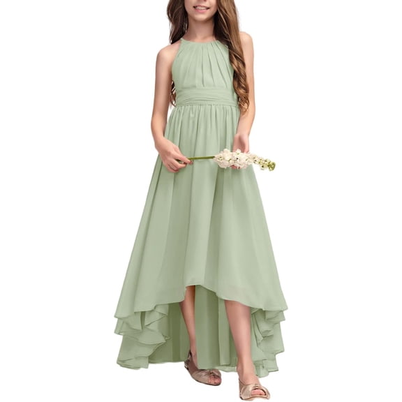 Drtj 2-14T A-Line Halter Asymmetrical Chiffon Junior Bridesmaid Dress Flower Girl Wedding Party Dress
