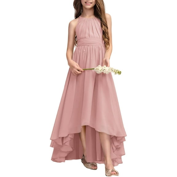 Drtj 2-14T A-Line Halter Asymmetrical Chiffon Junior Bridesmaid Dress Flower Girl Wedding Party Dress