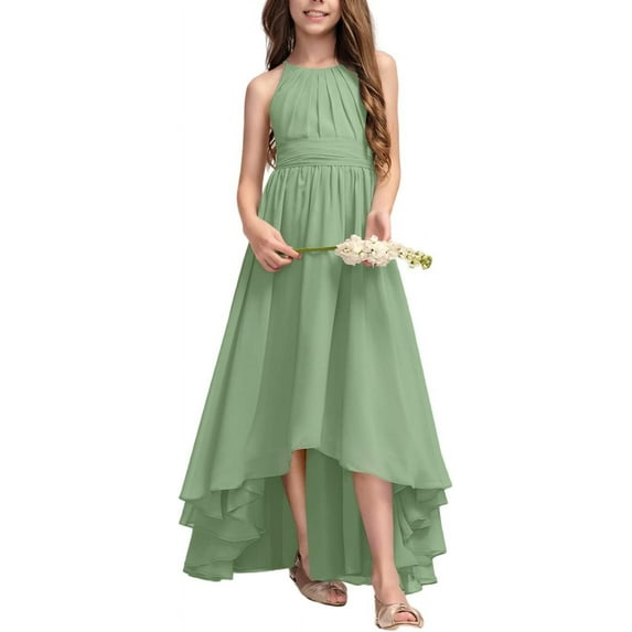 Drtj 2-14T A-Line Halter Asymmetrical Chiffon Junior Bridesmaid Dress Flower Girl Wedding Party Dress