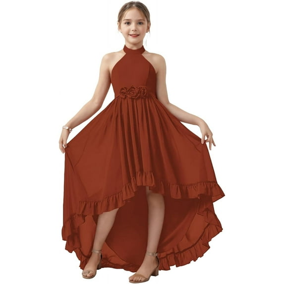 Drtj 2-14T Chiffon Flower Girls Dresses Wedding Party Halter Sleeveless Junior Bridesmaid Dress
