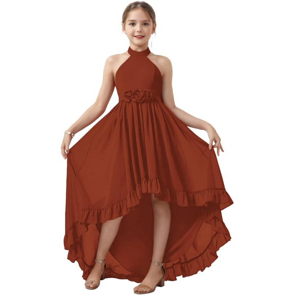 Drtj 2-14T Chiffon Flower Girls Dresses Wedding Party Halter Sleeveless Junior Bridesmaid Dress