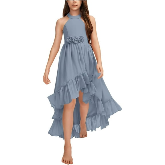 Drtj 2-14T Chiffon Flower Girls Dresses Wedding Party Halter Sleeveless Junior Bridesmaid Dress
