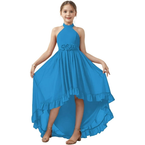 Drtj 2-14T Chiffon Flower Girls Dresses Wedding Party Halter Sleeveless Junior Bridesmaid Dress