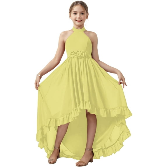 Drtj 2-14T Chiffon Flower Girls Dresses Wedding Party Halter Sleeveless Junior Bridesmaid Dress