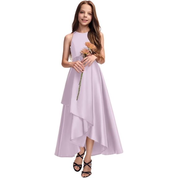 Drtj 2-14T Junior Flower Girl A-line Scoop Asymmetrical Satin Wedding Bridesmaid Cascading Ruffles Dress