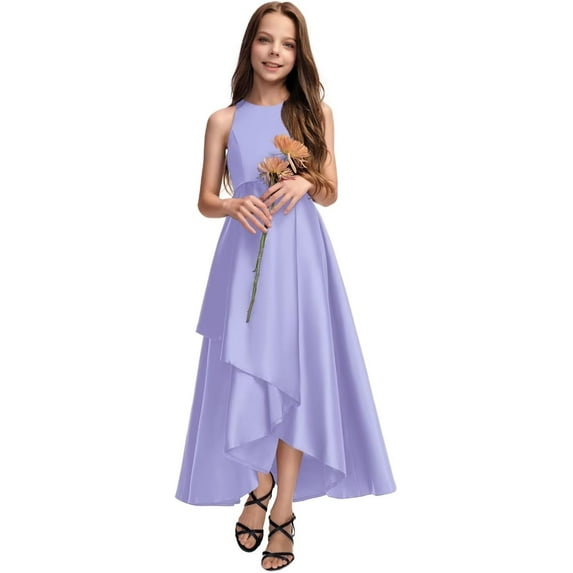 Drtj 2-14T Junior Flower Girl A-line Scoop Asymmetrical Satin Wedding Bridesmaid Cascading Ruffles Dress