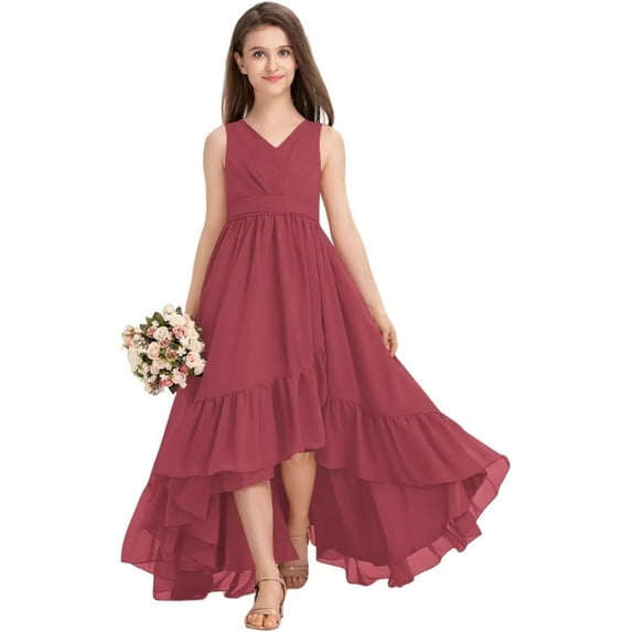 Drtj 2-14T Kids Junior Bridesmaid Dresses Flower Girls Party V-neck Pleated Chiffon Dresses
