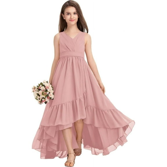 Drtj 2-14T Kids Junior Bridesmaid Dresses Flower Girls Party V-neck Pleated Chiffon Dresses