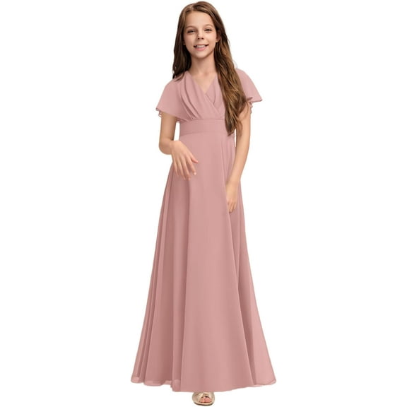 Drtj 2-14T Kids Junior Bridesmaid Flower Girl Elegant Formal A-line V-Neck Floor-Length Chiffon Dresses