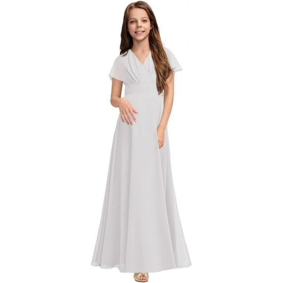 Drtj 2-14T Kids Junior Bridesmaid Flower Girl Elegant Formal A-line V-Neck Floor-Length Chiffon Dresses