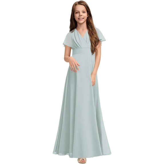 Drtj 2-14T Kids Junior Bridesmaid Flower Girl Elegant Formal A-line V-Neck Floor-Length Chiffon Dresses