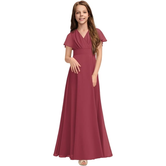 Drtj 2-14T Kids Junior Bridesmaid Flower Girl Elegant Formal A-line V-Neck Floor-Length Chiffon Dresses