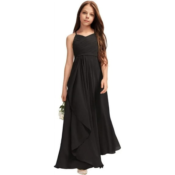 Drtj 2-14T Kids Teens A-Line Halter Neck Cascading Chiffon Junior Flower Girl Wedding Party Formal Bridesmaid Dress