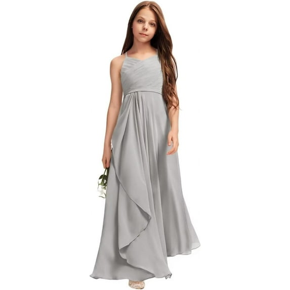 Drtj 2-14T Kids Teens A-Line Halter Neck Cascading Chiffon Junior Flower Girl Wedding Party Formal Bridesmaid Dress