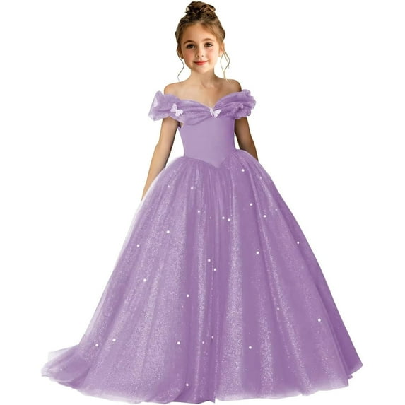 Drtj 2-14T Kids Teens Flower Girl Dress Off Shoulder Pageant Sparkling Formal Dress Birthday Party Ball Gowns