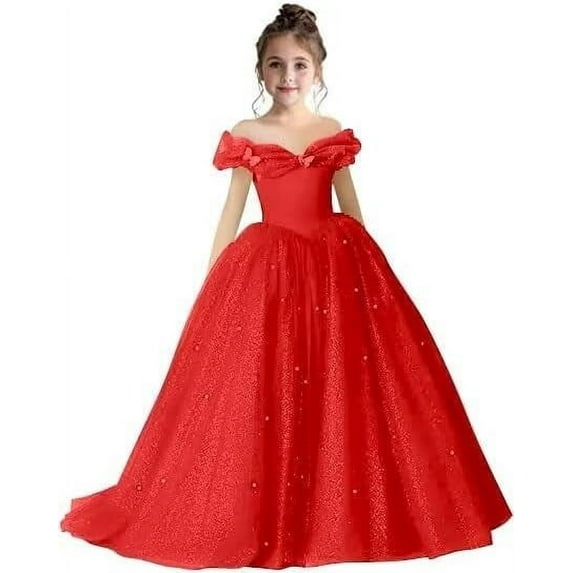 Drtj 2-14T Kids Teens Flower Girl Dress Off Shoulder Pageant Sparkling Formal Dress Birthday Party Ball Gowns
