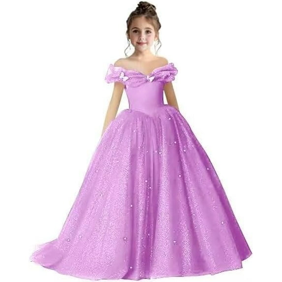 Drtj 2-14T Kids Teens Flower Girl Dress Off Shoulder Pageant Sparkling Formal Dress Birthday Party Ball Gowns