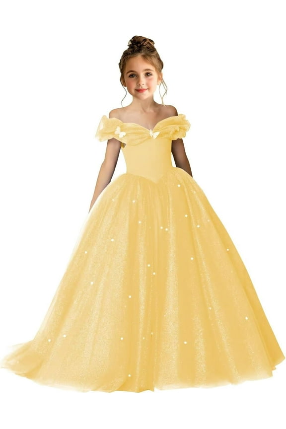 2-14T Kids Teens Flower Girl Dress Off Shoulder Pageant Sparkling Formal Dress Birthday Party Ball Gowns