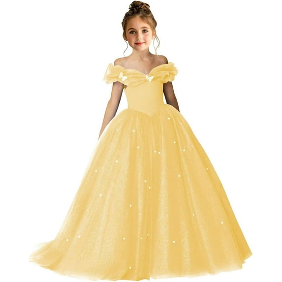 Drtj 2-14T Kids Teens Flower Girl Dress Off Shoulder Pageant Sparkling Formal Dress Birthday Party Ball Gowns