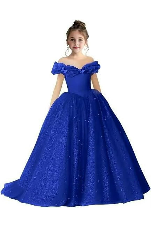 2-14T Kids Teens Flower Girl Dress Off Shoulder Pageant Sparkling Formal Dress Birthday Party Ball Gowns